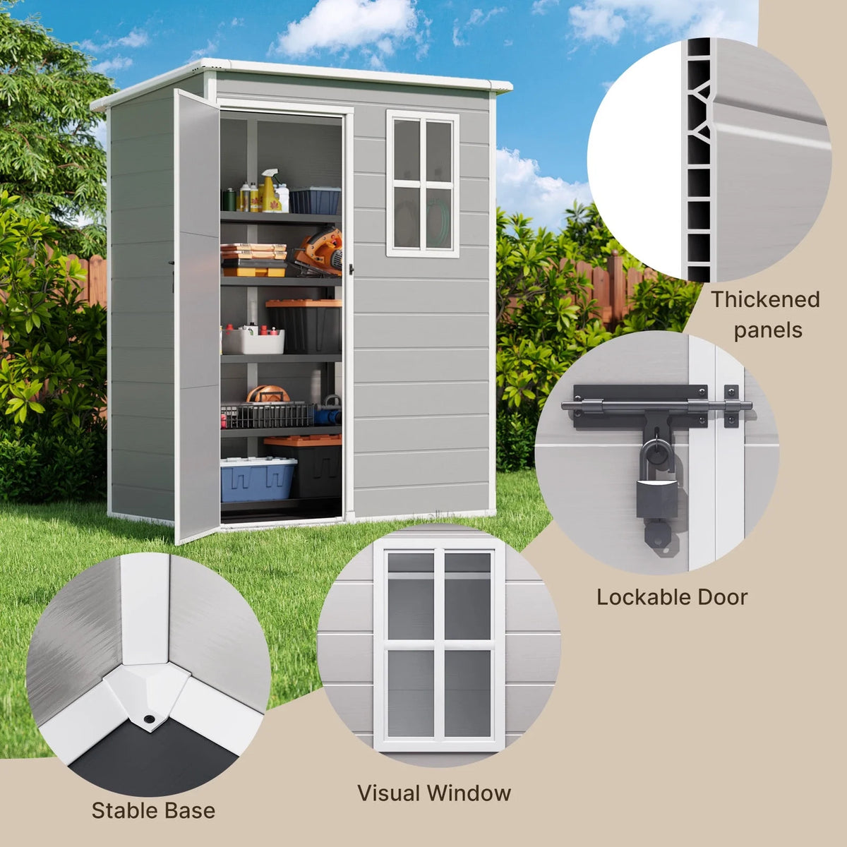 Lofka Resin Outdoor Storage Shed,5'x3' Storage Shed, Plastic Shed with Thick Resin Floor, Gray and White