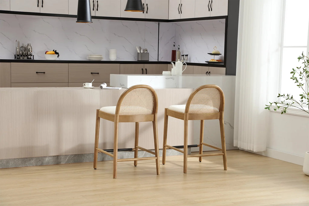 Guyou Modern Bar Stools Set of 2, 26" Counter Height Bar Stools with Natural Rattan Back and Solid Wood Frame, Sherpa Upholstered Kitchen Island Chairs for Bar Island Cafe Kitchen, Black