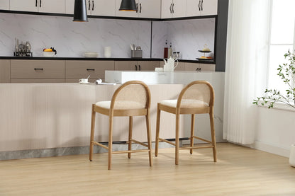 Guyou Modern Bar Stools Set of 2, 26" Counter Height Bar Stools with Natural Rattan Back and Solid Wood Frame, Sherpa Upholstered Kitchen Island Chairs for Bar Island Cafe Kitchen, Black