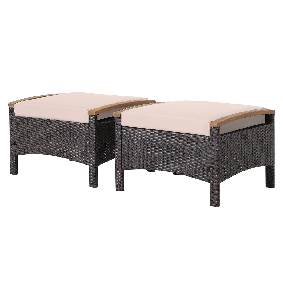 Costway Set of 2 Patio Rattan Ottoman Footrest Cushions Wooden Handle Beige