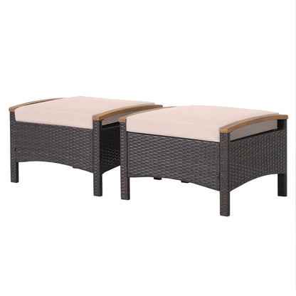 Costway Set of 2 Patio Rattan Ottoman Footrest Cushions Wooden Handle Beige