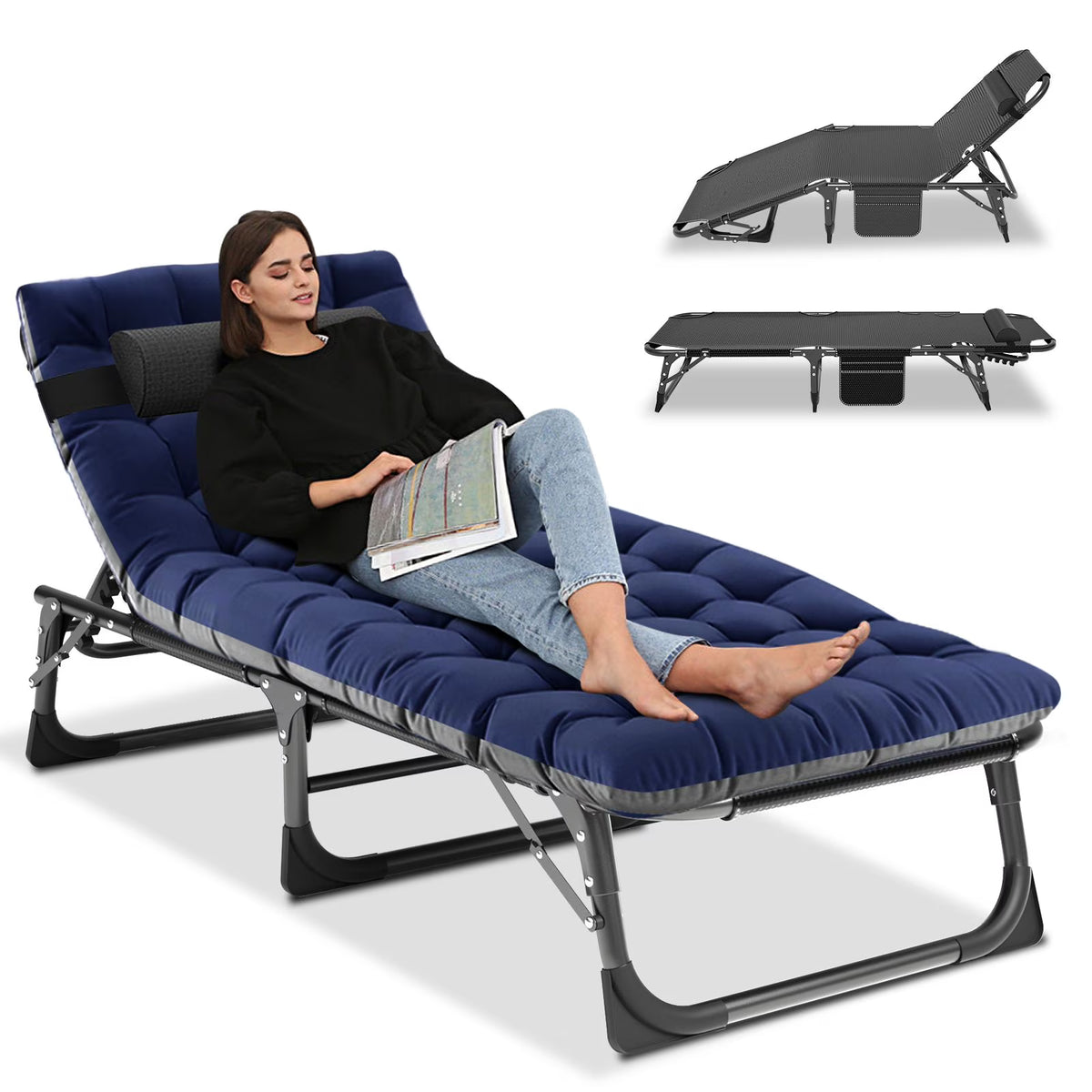 MOPHOTO Lounge Chair with Mattress, Outdoor Chaise Lounge Support 440 Lbs, Adjustable Portable Heavy Duty Sleeping Cots Bed for Camping, Pool, Beach, Patio