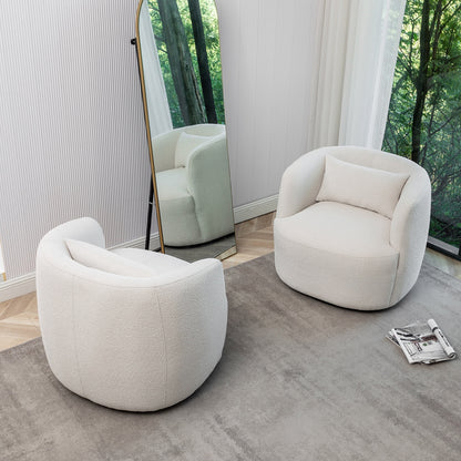 34" Wide Boucle Swivel Barrel Chair, No Assembly Round Upholstered Armchair Accent Chair Single Sofa Chair with Toss Pillow for Living Room and Bedroom, Taupe