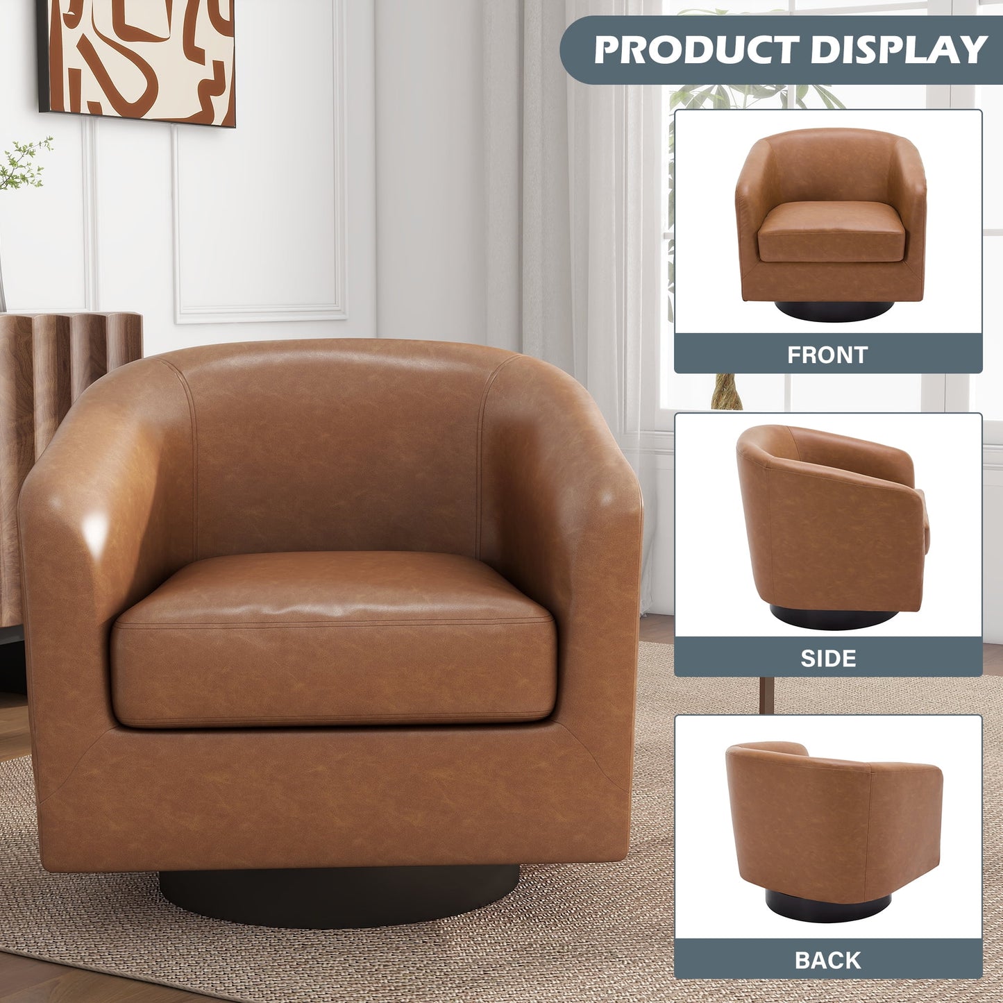 UIXE Swivel Accent Chair, Upholstered Fabric Barrel Chair for Living Room, Small Single Sofa Bedroom Reading Seat, Light Gray