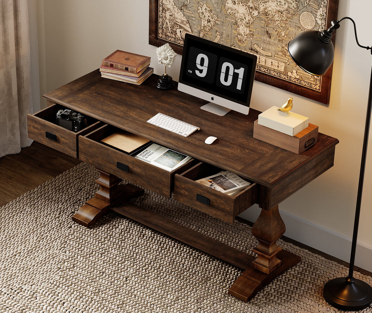 WAMPAT Farmhouse Office Desk with Charging Station - Vintage Rustic Executive Writing Table, Includes 3 Storage Drawers, Sturdy Solid Wood Legs and Ergonomic Rounded Edge for Study,Dark Brown