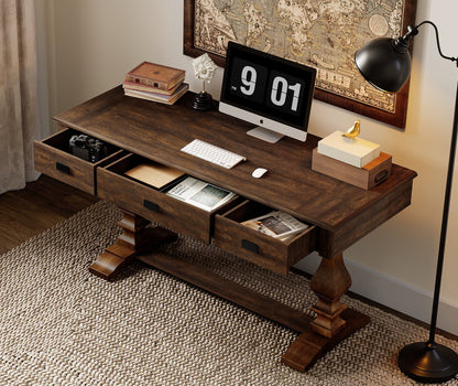 WAMPAT Farmhouse Office Desk with Charging Station - Vintage Rustic Executive Writing Table, Includes 3 Storage Drawers, Sturdy Solid Wood Legs and Ergonomic Rounded Edge for Study,Dark Brown