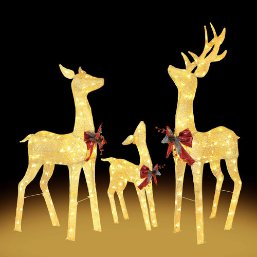VEIKOUS Christmas Lighted Deer Family Set Outdoor Decor w/ 200 Warm Lights Reindeer Christmas Decor, Ground Stakes and Zip Ties, Gold
