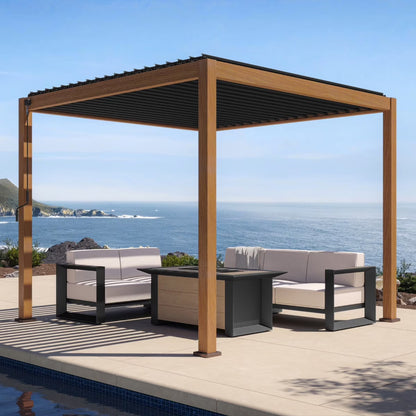 Mirador 10'x 10' 111S Outdoor Aluminum Pergola w/ Adjustable Rainproof Louver for Garden, Patio, Backyard, Takasho/Wood Grain
