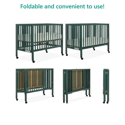 Dream On Me Quinn Full-Size Folding Crib. Removable Wheels. Modern Nursey. Adjustable Mattress Support. Patent Folding System in Olive
