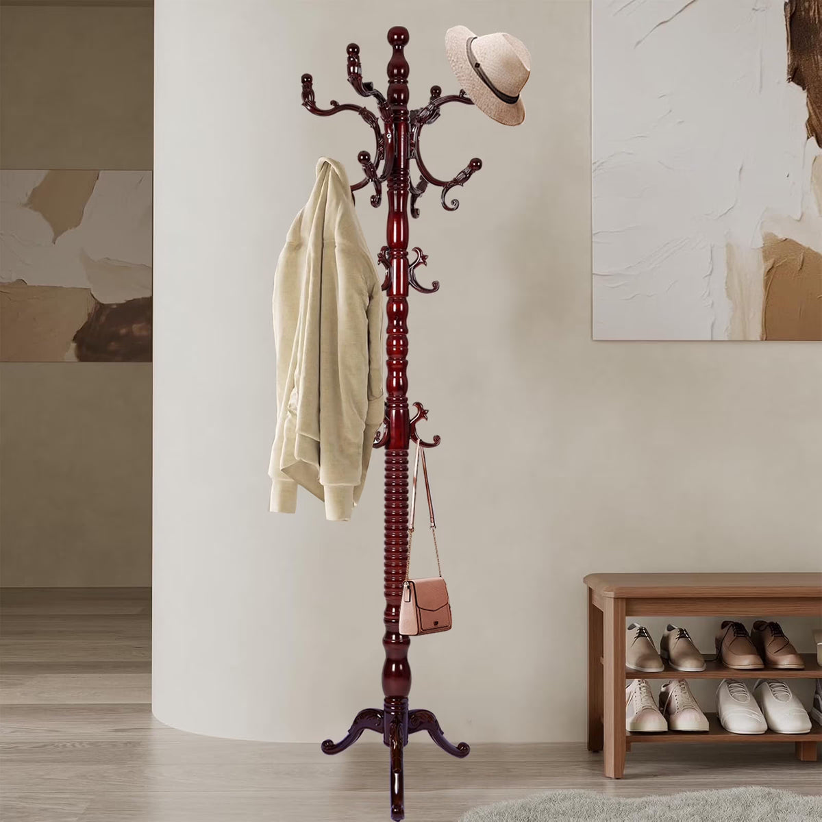 Coat Rack Freestanding, Hall Tree with 11 Hooks, Heavy Duty Wooden Coat Tree Stand, Adjustable Height, Sturdy Base for Bedroom Hallway Office - Load 270lbs