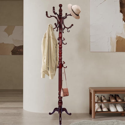 Coat Rack Freestanding, Hall Tree with 11 Hooks, Heavy Duty Wooden Coat Tree Stand, Adjustable Height, Sturdy Base for Bedroom Hallway Office - Load 270lbs