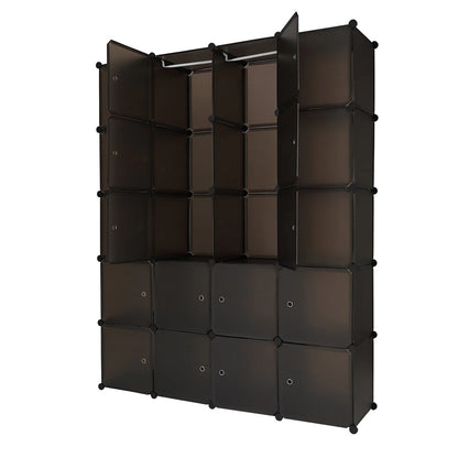 20 Cube Organizer Stackable, Plastic Portable Closet Wardrobe with Hanging Rod, Storage Organizer Cube for Hanging Clothes, Bedroom Armoire, Strong and Durable, Brown
