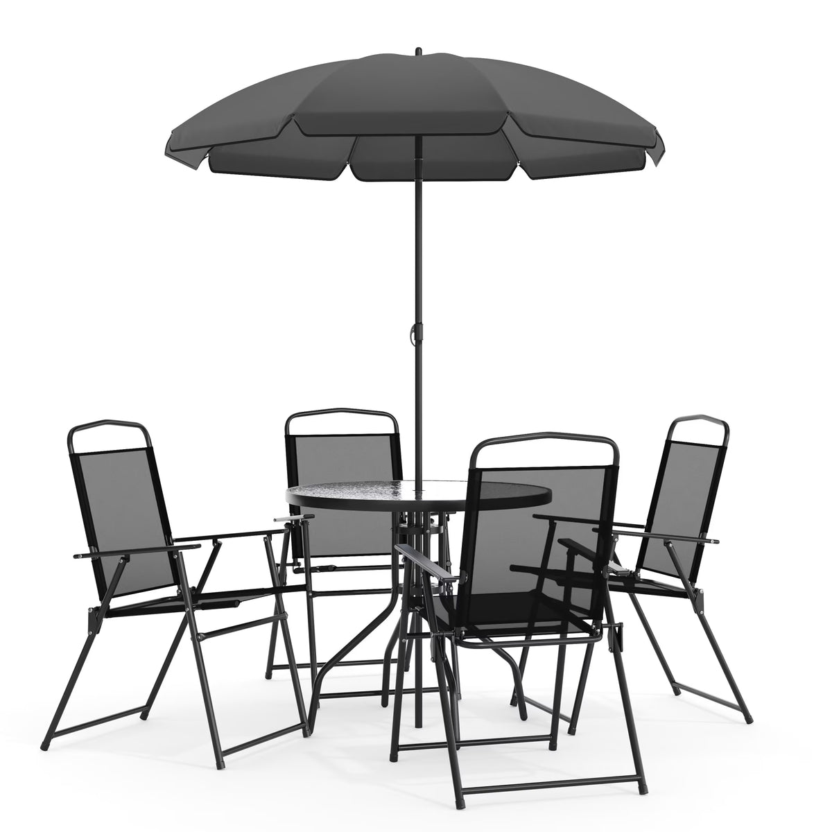 Flash Furniture Nantucket 6 Piece Black Patio Garden Set with Umbrella Table and Set of 4 Folding Chairs