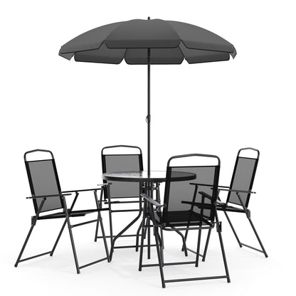 Flash Furniture Nantucket 6 Piece Black Patio Garden Set with Umbrella Table and Set of 4 Folding Chairs