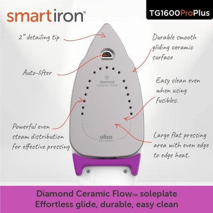 Oliso TG1600 Pro Plus 1800 Watt SmartIron with Auto Lift - for Clothes, Sewing, Quilting and Crafting Ironing | Diamond Ceramic-Flow Soleplate Steam Iron, Yellow