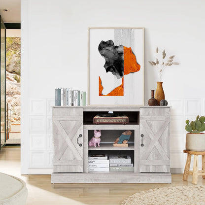 TV Stand for 65 Inch TV, Entertainment Center with Two Glass Barn Doors and Storage Cabinet Table, Farmhouse Style Media Console Table for Living Room(Coffee)