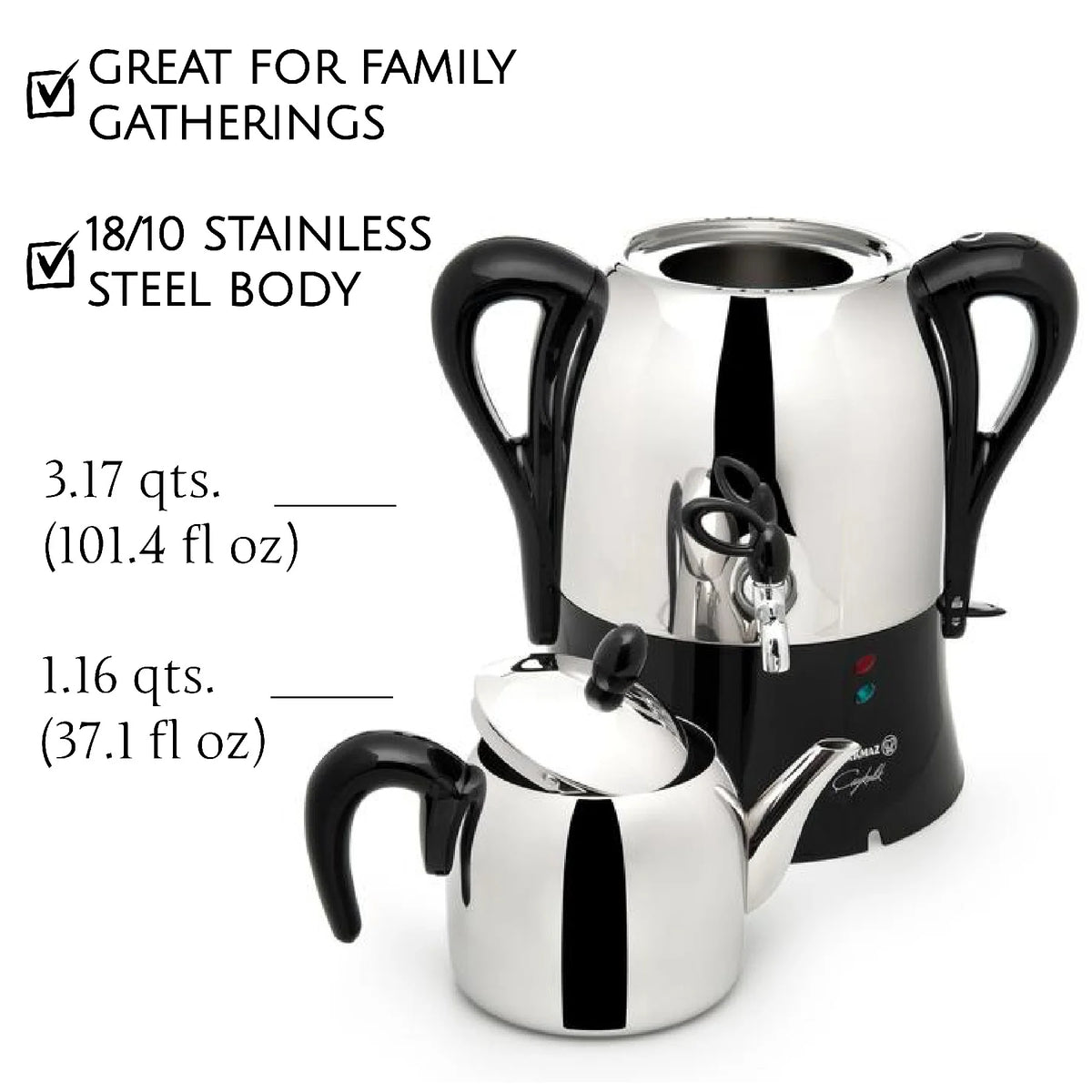 Korkmaz Hanedan Premium Silver 18/10 Cr-Ni Stainless Steel Dishwasher Safe Electric Tea Maker