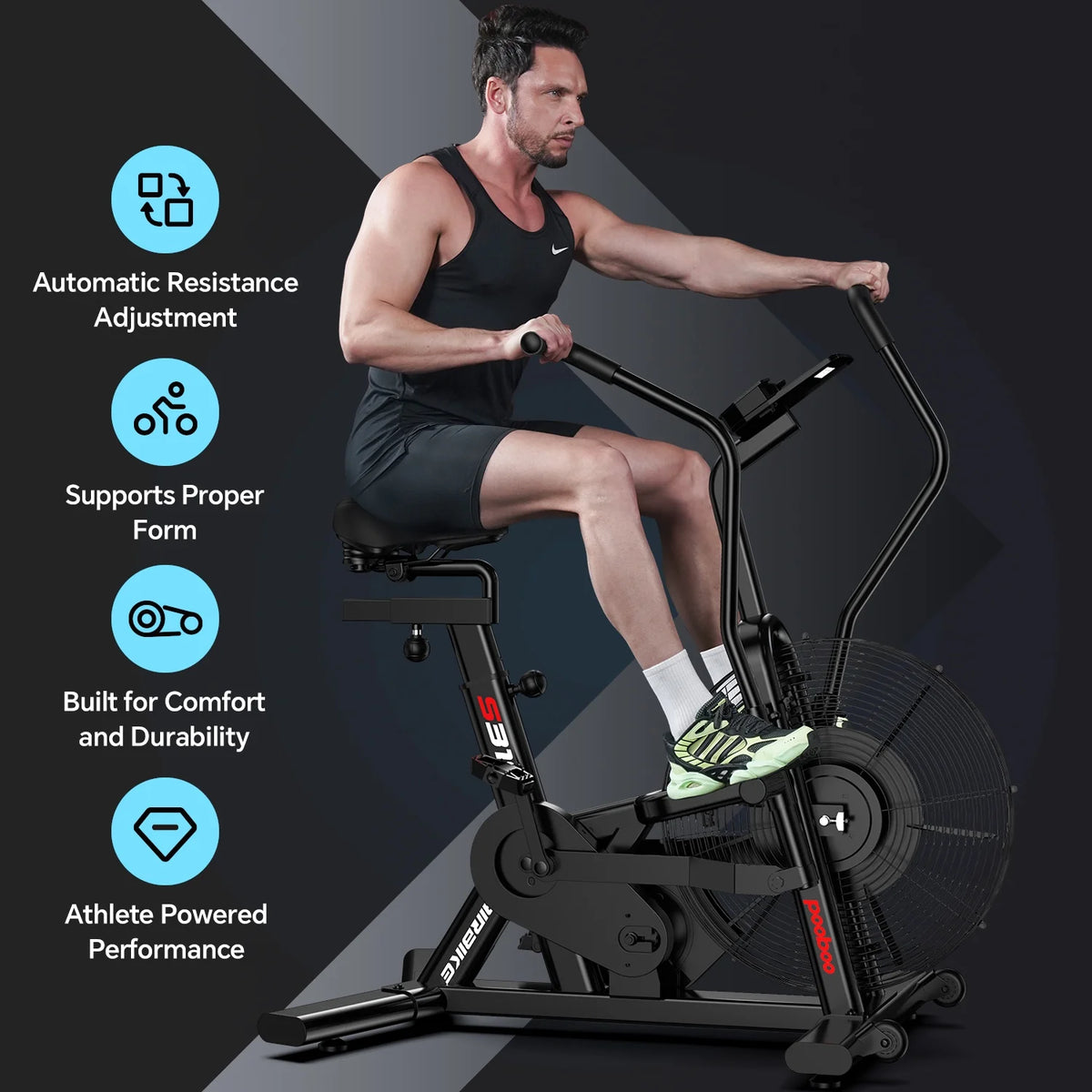 LNOW Commercial Built-in Bluetooth Fan Exercise Bike, Adjustable Air Resistance with Dual-Action Handlebars, Heavy Duty Indoor Cycling Bike for Home Gym Traininning, 350lbs Arm/Leg Cardio Workout