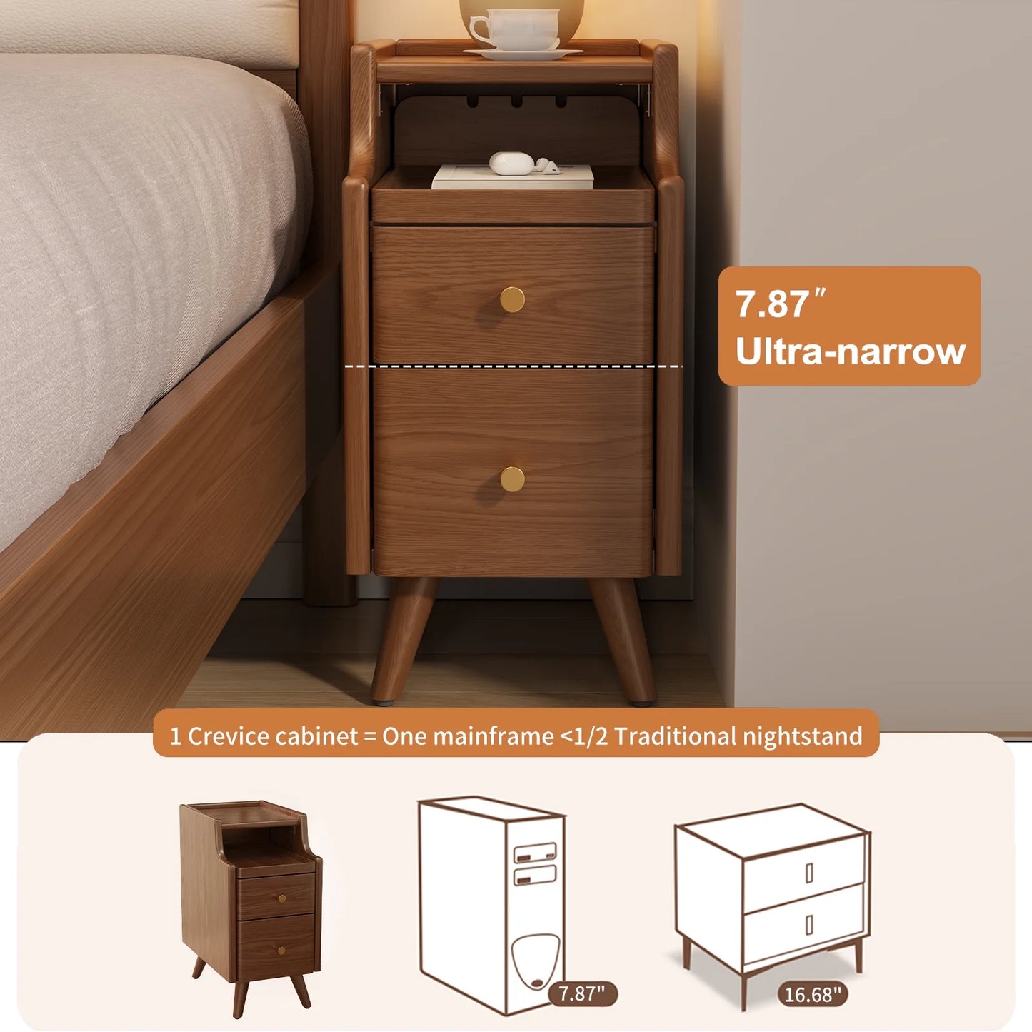 Small Nightstand,Solid Wood Nightstand with Drawers, Walnut Bedside Table for Bedroom