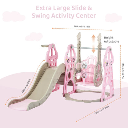 DUKE BABY 4-in-1 Kids Swing and Slide Set for Toddler Age 1-6, Extra Large Baby Indoor Outdoor Activity Playground with Basketball Hoop and Climber – Pink