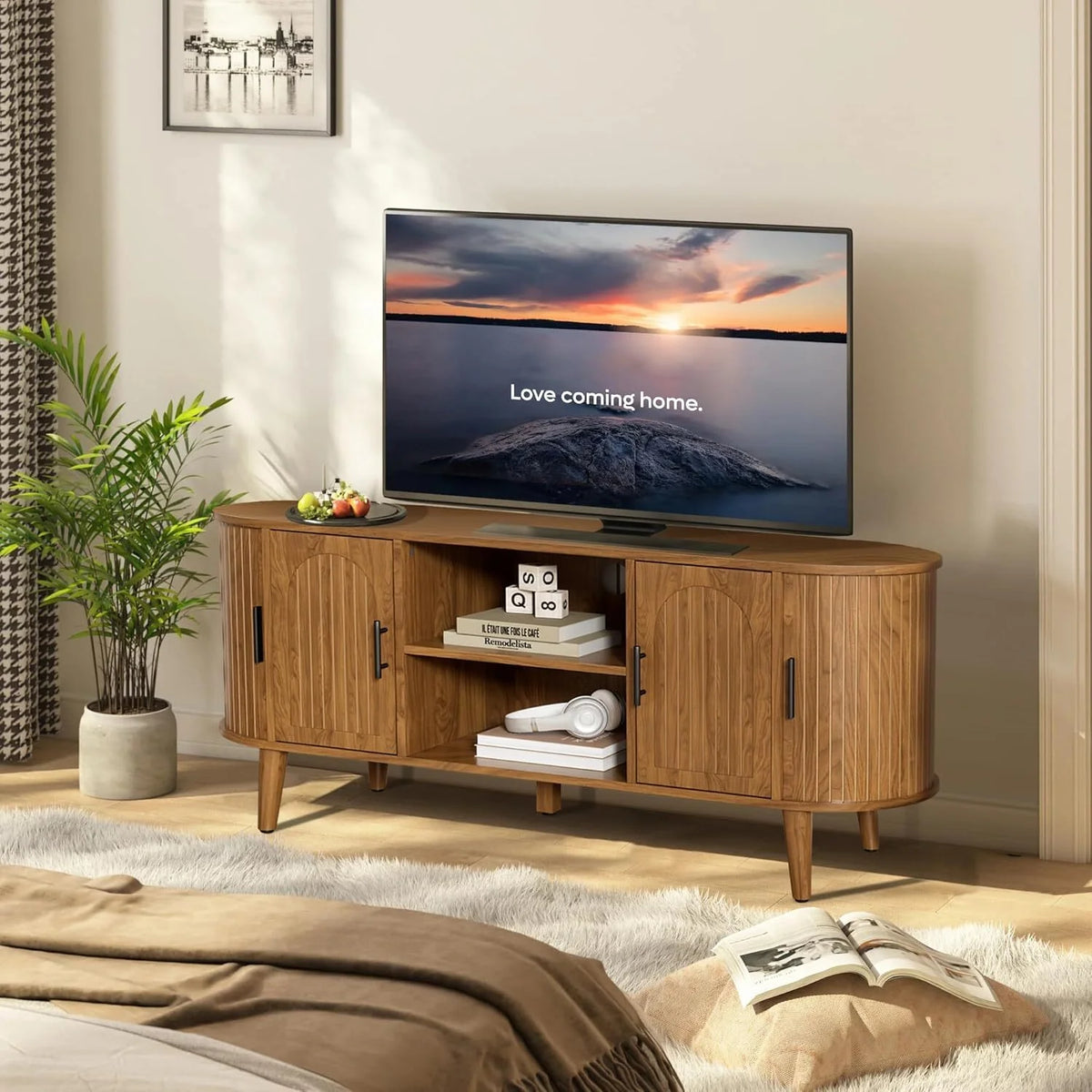 TV Stand for TVs up to 70", 63" Entertainment Center with Sliding Doors, Media Console Table for Living Room