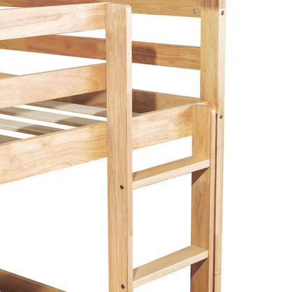 Twin Over Twin Floor Bunk Bed, UHOMEPRO Solid Wood Low Bunk Bed with Safety Rail, Ladder, Heavy Duty Bunk Beds, Space-Saving Bedroom Dorm Furniture, Gray