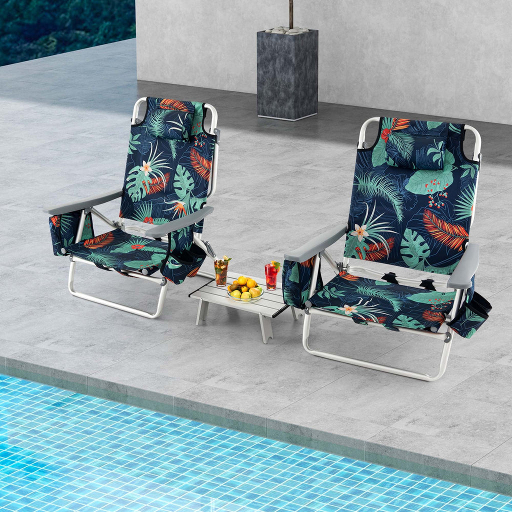 Costway 2-Pack Folding Backpack Beach Chair Table Set 5-Position Outdoor Reclining Chair Pink