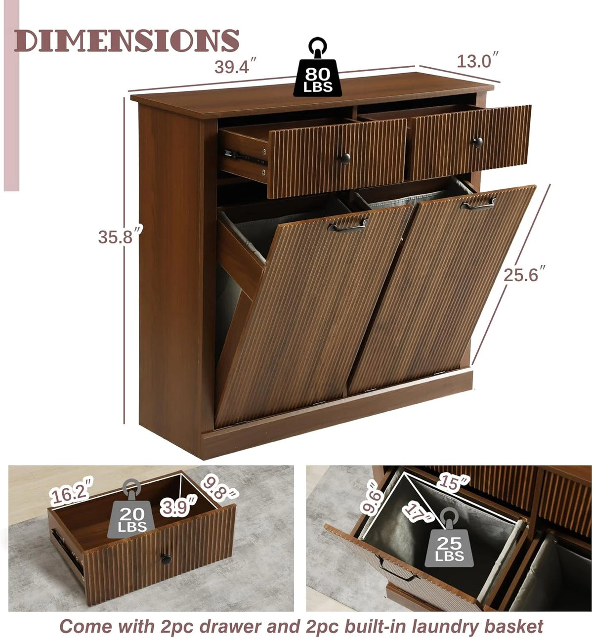 Haverchair Double Tilt Out Laundry Hamper Cabinet, Modern Fluted Trash Can Cabinets with Drawer, Wooden Hidden Garbage Cabinet for Kitchen and Bathroom