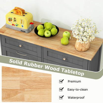 Costway 15.5 Gallon Kitchen Tilt Out Trash Cabinet Rubber Wood Tabletop 2 Drawers Shelf Gray