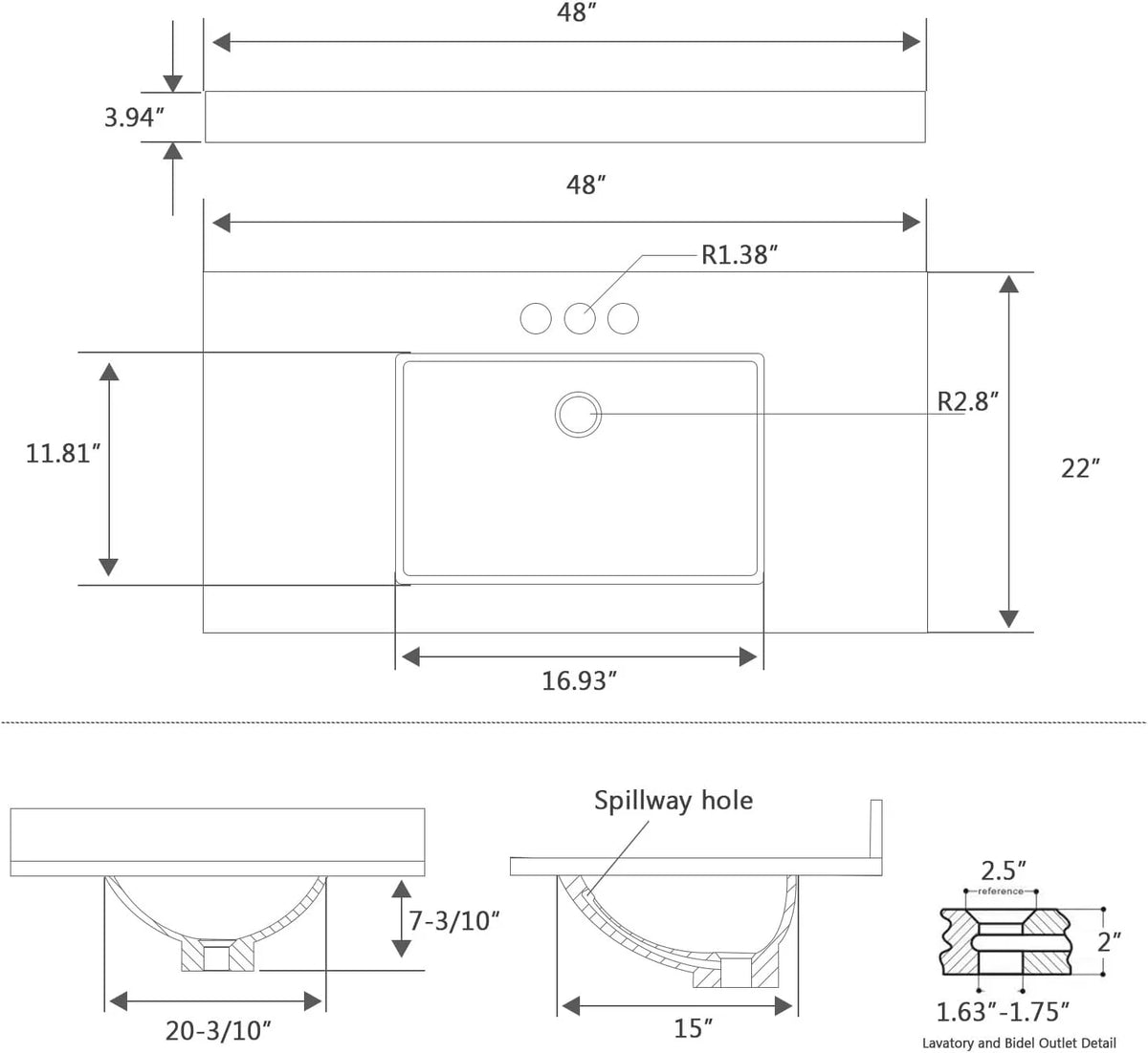 36x22 Engineered Stone Vanity Sink Top, White Bathroom Countertop with Undermount Left Sink, Vanity Top with 8 inch 3 Faucet Hole Spacing and Backsplash