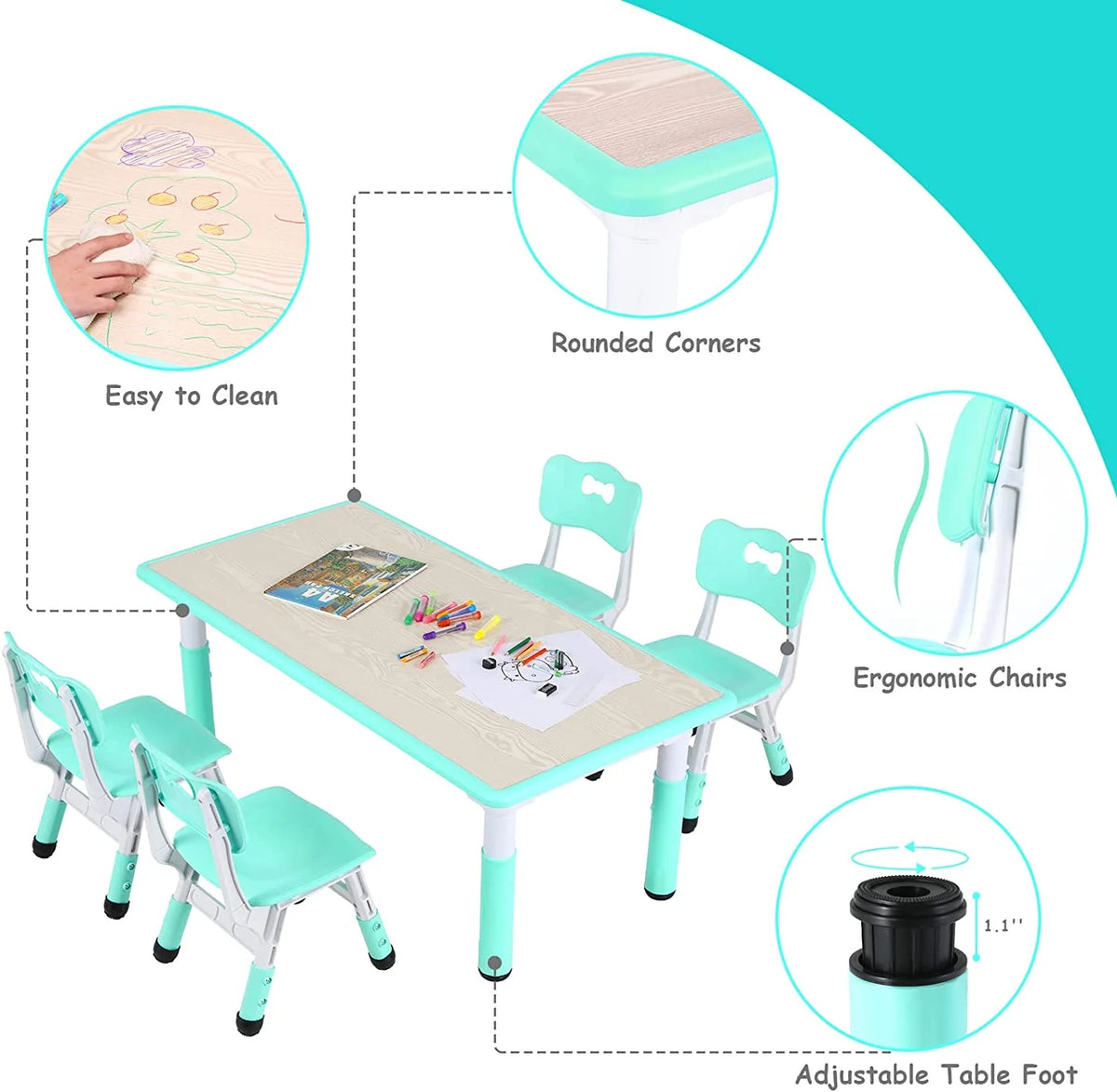 Arlopu Toddler Table and Chair Set Height Adjustable, Kids Activity Table for Reading, Drawing, Eating, Studying, Max 220lbs