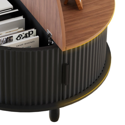RUMLIVE Round Coffee Table with Storage, 30.7" Modern Coffee Table with 360�� Curved Sliding Door, Fluted Wood Coffee Table with Footpads, Round Center Table for Living Room, Black
