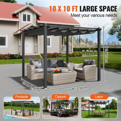 KFFKFF 10'x10' Aluminum Pergola, Outdoor with Retractable Sun Shade Canopy, Ideal for Patio, Garden, Deck, Backyard - Gray