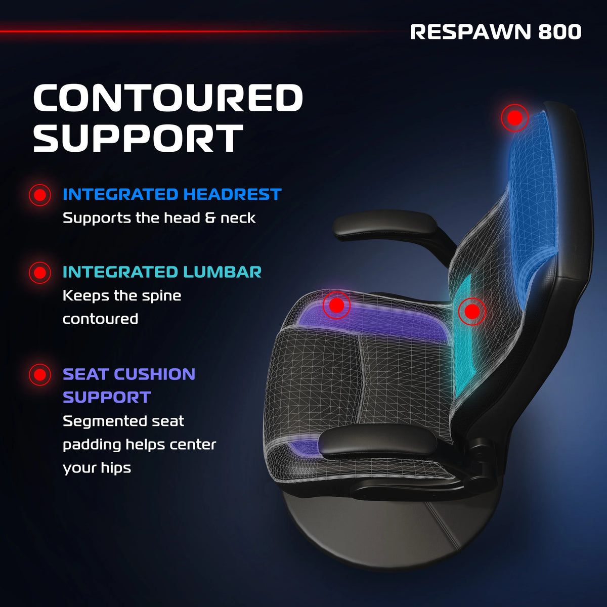 RESPAWN 800 Swivel Rocker Gaming Chair - Ergonomic Floor Gaming Seat with Lumbar Support, Flip Up Armrest, High Back, Pedestal Base, Comfortable No Wheels Console Video Game Rocker Chair - Red