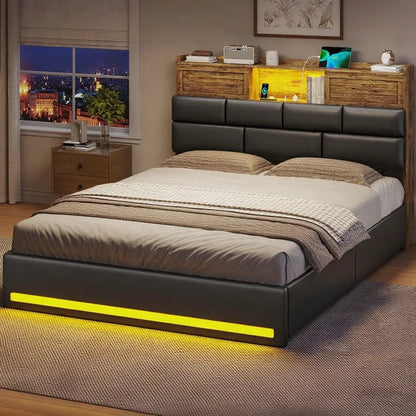 Twin Bed Frame with Bookcase Headboard and Storage, Barn Doors Twin Size Upholstered Beds with 4 Under Bed Storage Drawers & Charging Station & LED Lights, Grey