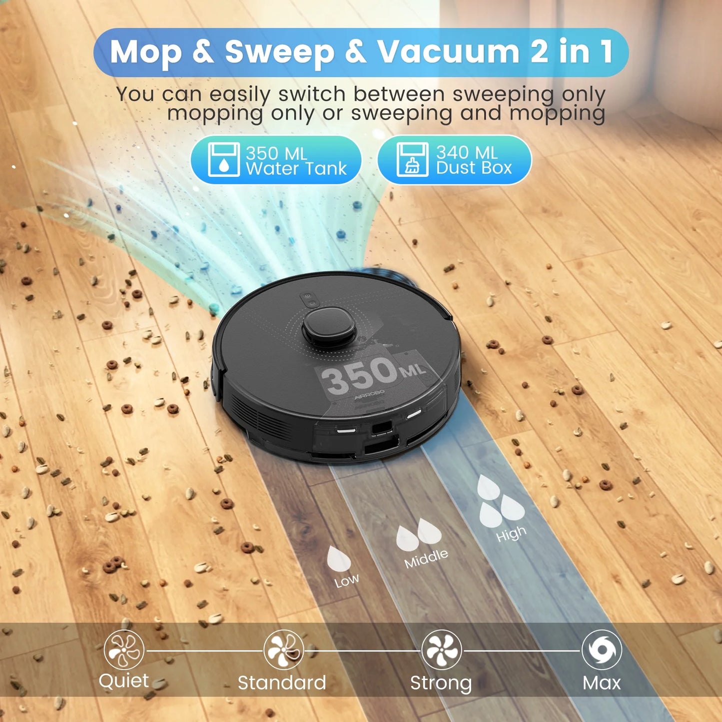 AIRROBO L60+ Self-Empty Robot Vacuum and Mop Cleaner with Ultrasonic Carpet Detection,6000Pa Suction,Laser Obstacle Avoidance,240min Long Runtime