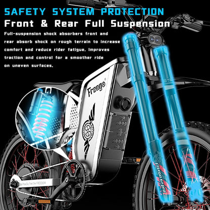 50MPH Freego X2Pro Electric Motorcycle for Adults 6000W(Peak) Motor 60V 30Ah Battery Electric Bicycle Full Suspension Ebike