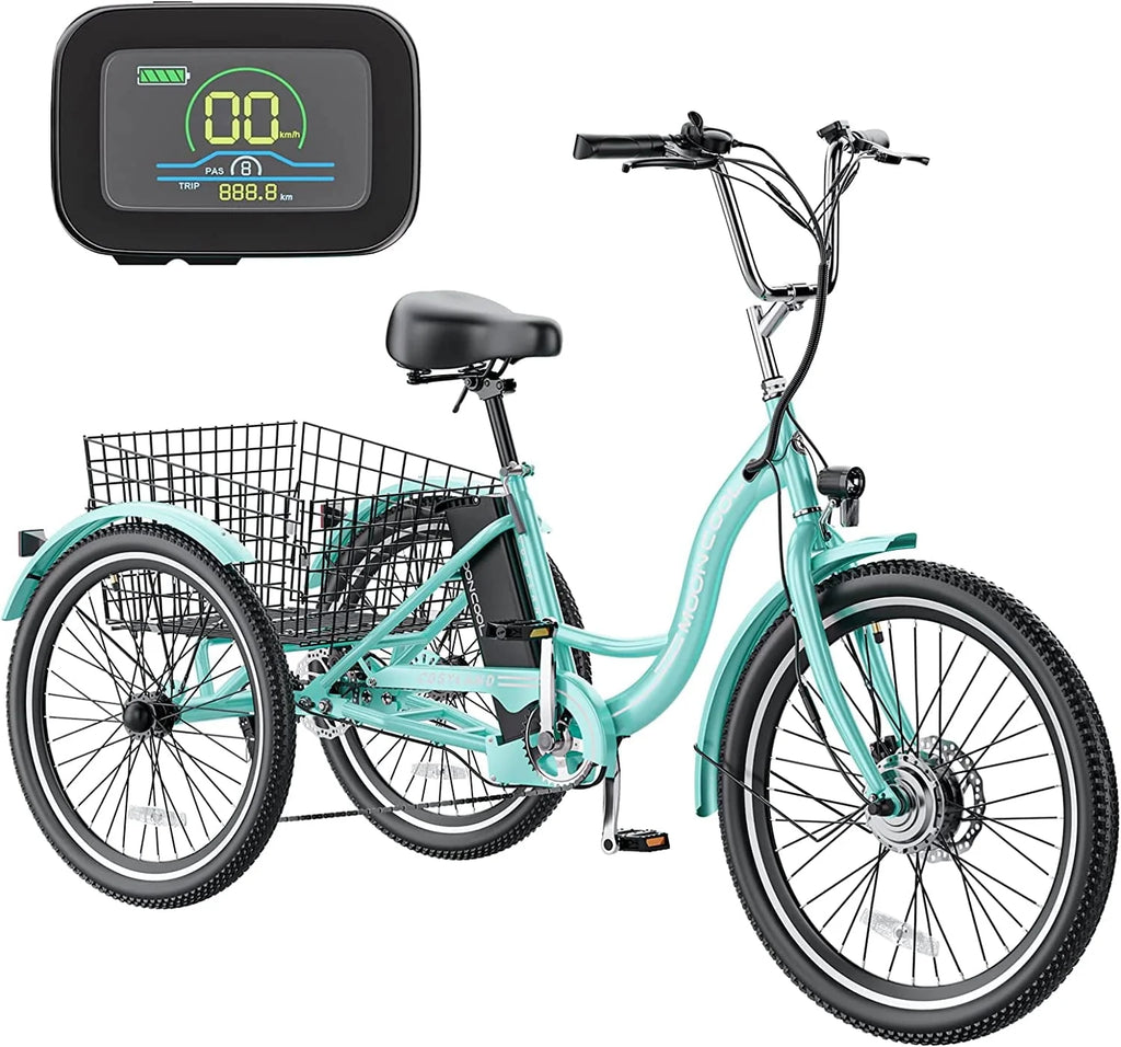MOONCOOL 350W Motorized Electric Trike, 7 Speed 3 Wheel Electric Bicycle with 36V 10Ah Lithium Battery UL Certified, 24" Electric Tricycle for Adults with Rear Basket