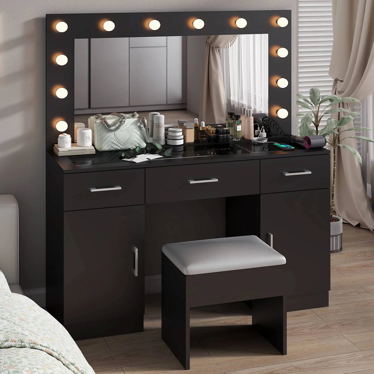 Ktaxon Large Makeup Vanity, Vanity Table Set w/ Visible Glass Top w/ Charging Station, White