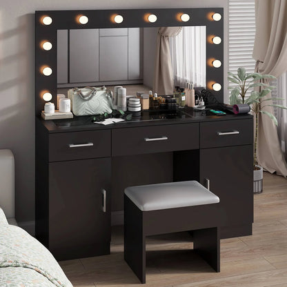Ktaxon Large Makeup Vanity, Vanity Table Set w/ Visible Glass Top w/ Charging Station, White
