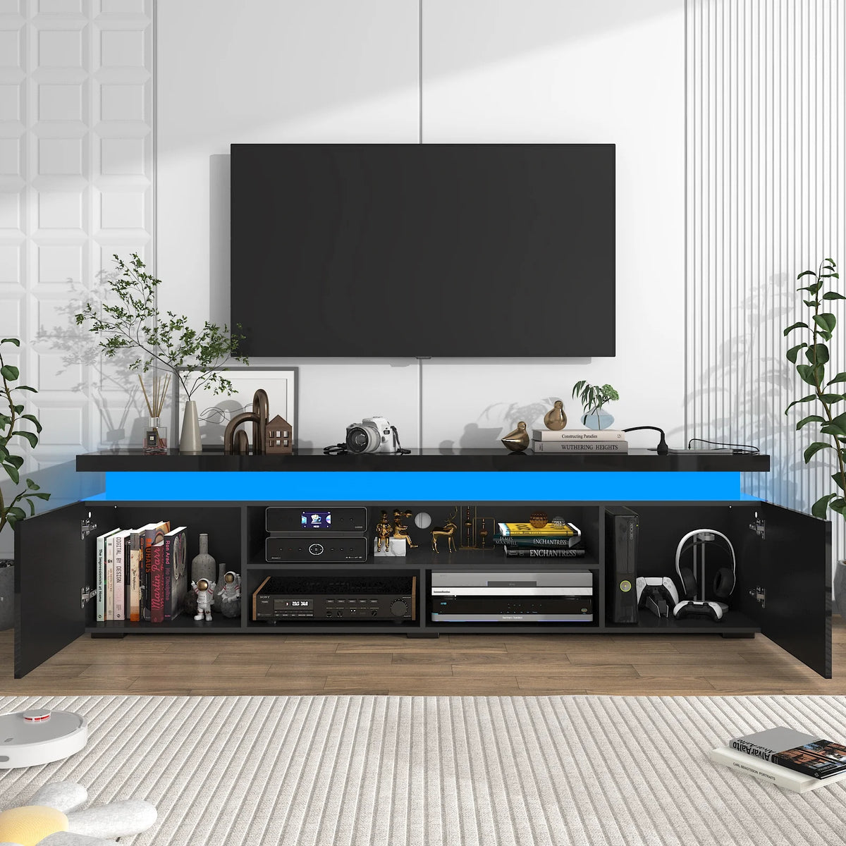 LED TV Stand for up to 85" TVs with Power Outlet, 75" Large Entertainment Center Console Table Gaming Soundbar Shelf with 2 Storage Cabinets