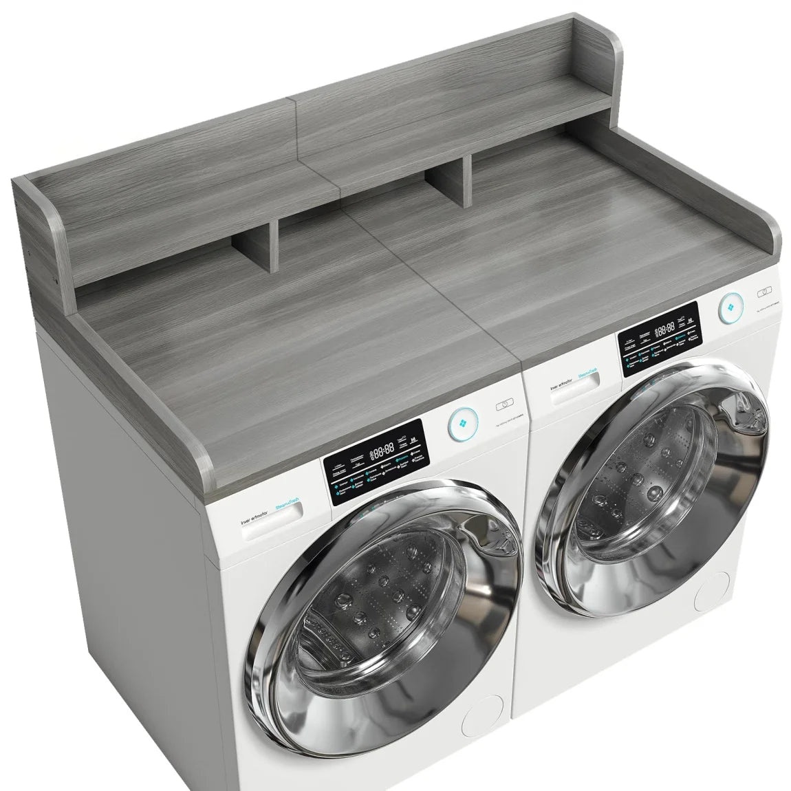 Modern Washer Dryer Countertop with 2-Tier Shelf,Laundry Room Countertop Organization Storage with 2.75" H Guard Edge Rails,Non-Slip Pad,Waterproof and Easy to Clean,54"W x 27.55"D,Natural Wood