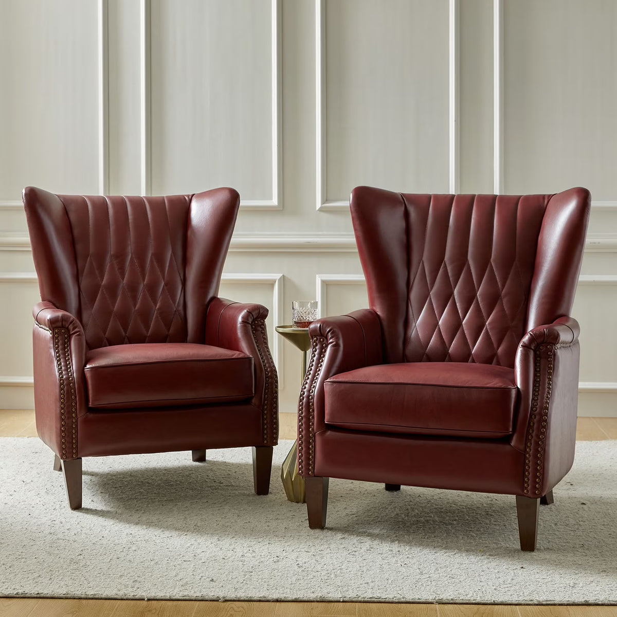 Traditional Genuine Leather Accent Chair with Nailhead Trim Tufted Armchair for Living Room Camel