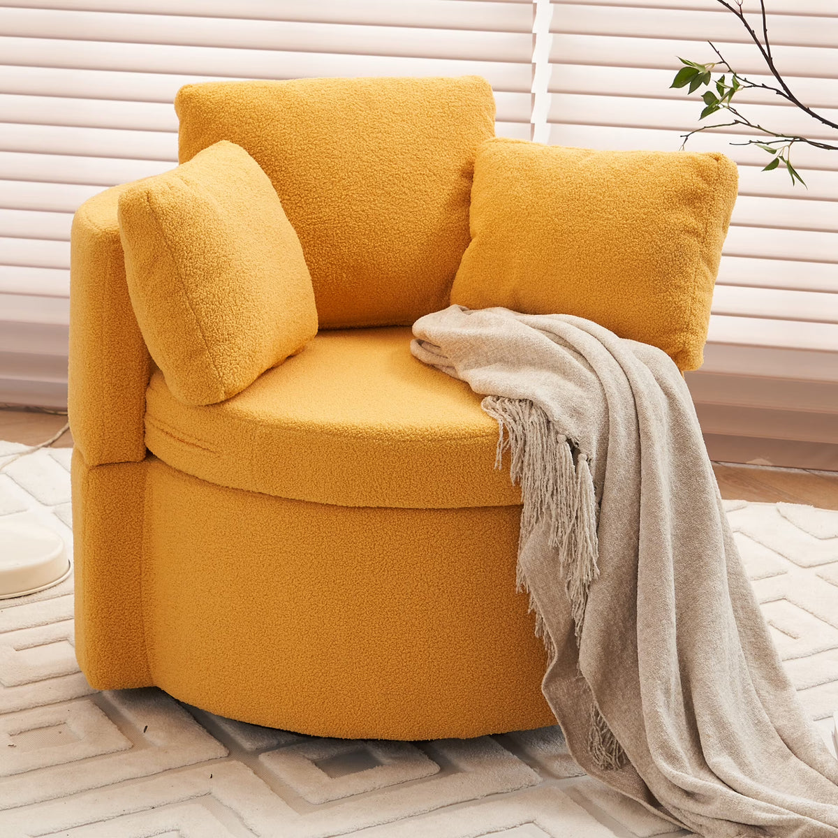 Swivel Barrel Chair, Teddy Round Swivel Accent Sofa Chairs with 3 Pillows and Storage, Modern 360 Degree Boucle Swivel Chairs for Living Room, Bedroom, Office (Dark Gray, Teddy)