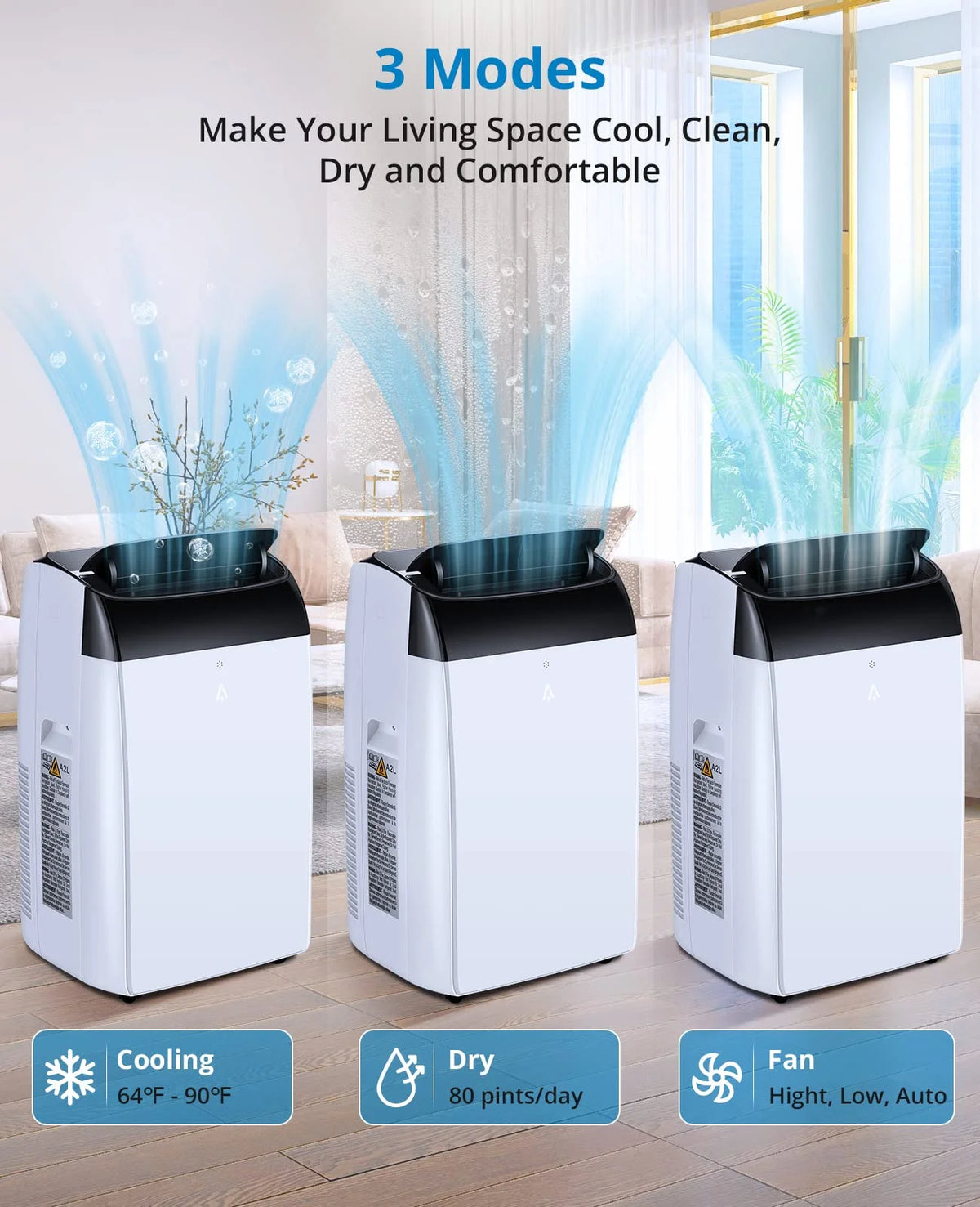 2025 New 14000 BTU Portable Air Conditioner Cools up to 750 Sq.Ft, 3-in-1 Quiet Portable AC Unit with Remote Control & Installation Kits for Large Room, 3 Speed, Auto Swing, 24H Timer
