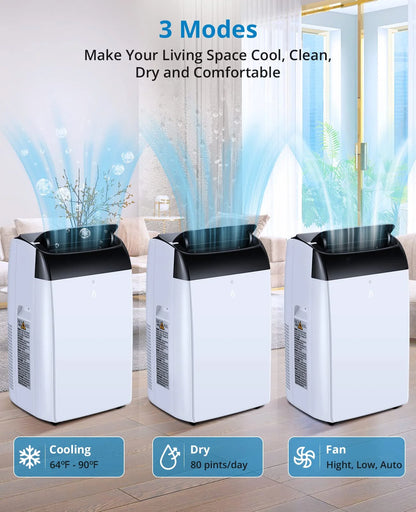2025 New 14000 BTU Portable Air Conditioner Cools up to 750 Sq.Ft, 3-in-1 Quiet Portable AC Unit with Remote Control & Installation Kits for Large Room, 3 Speed, Auto Swing, 24H Timer