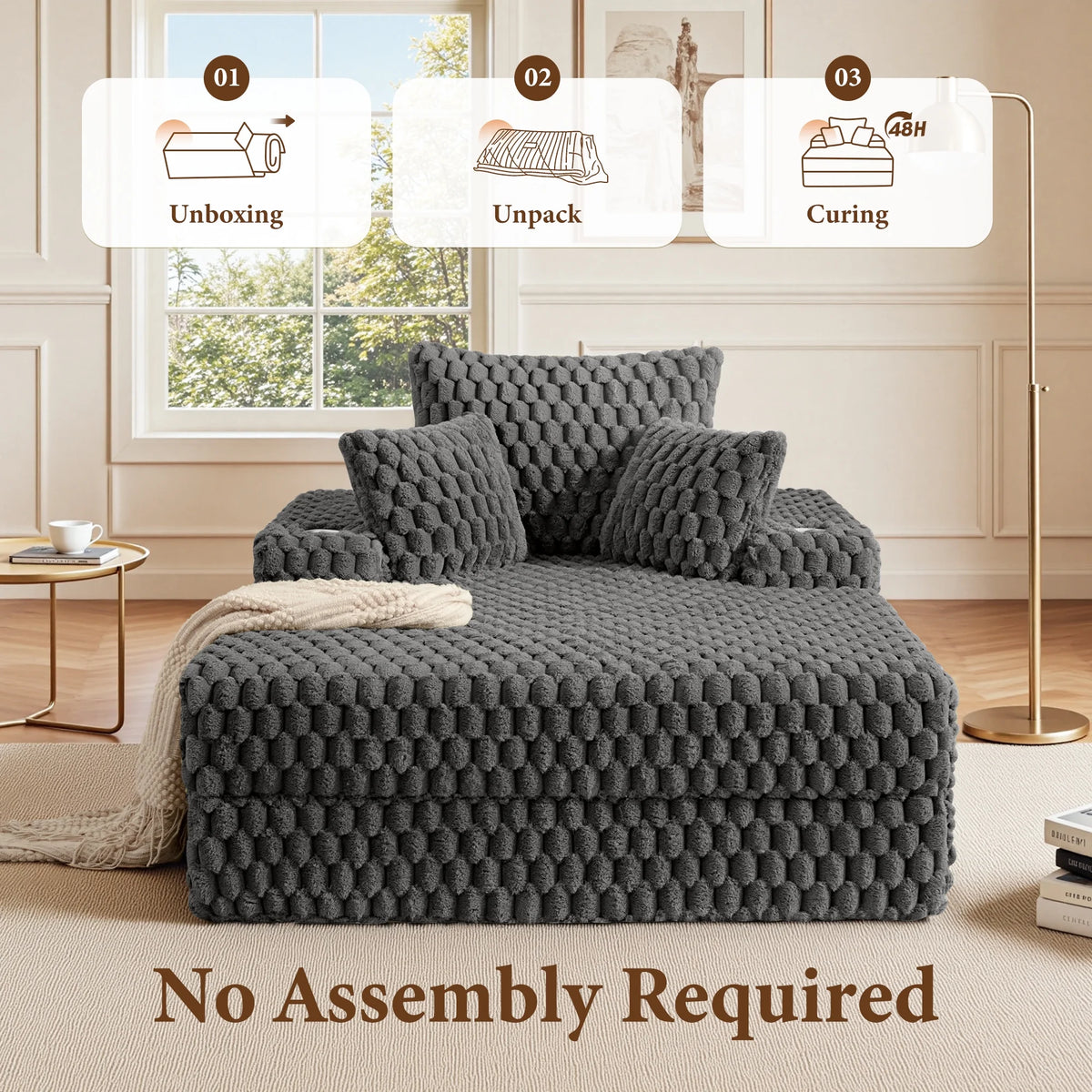 ATHOPE 53"W Oversized Chaise Lounge Chair Indoor, Corduroy Couch Chair with Pillows, Comfy Reading Chairs with Wide Arms, Upholstered Sleeper Sofa for Living Room, No Assembly Required, Gray