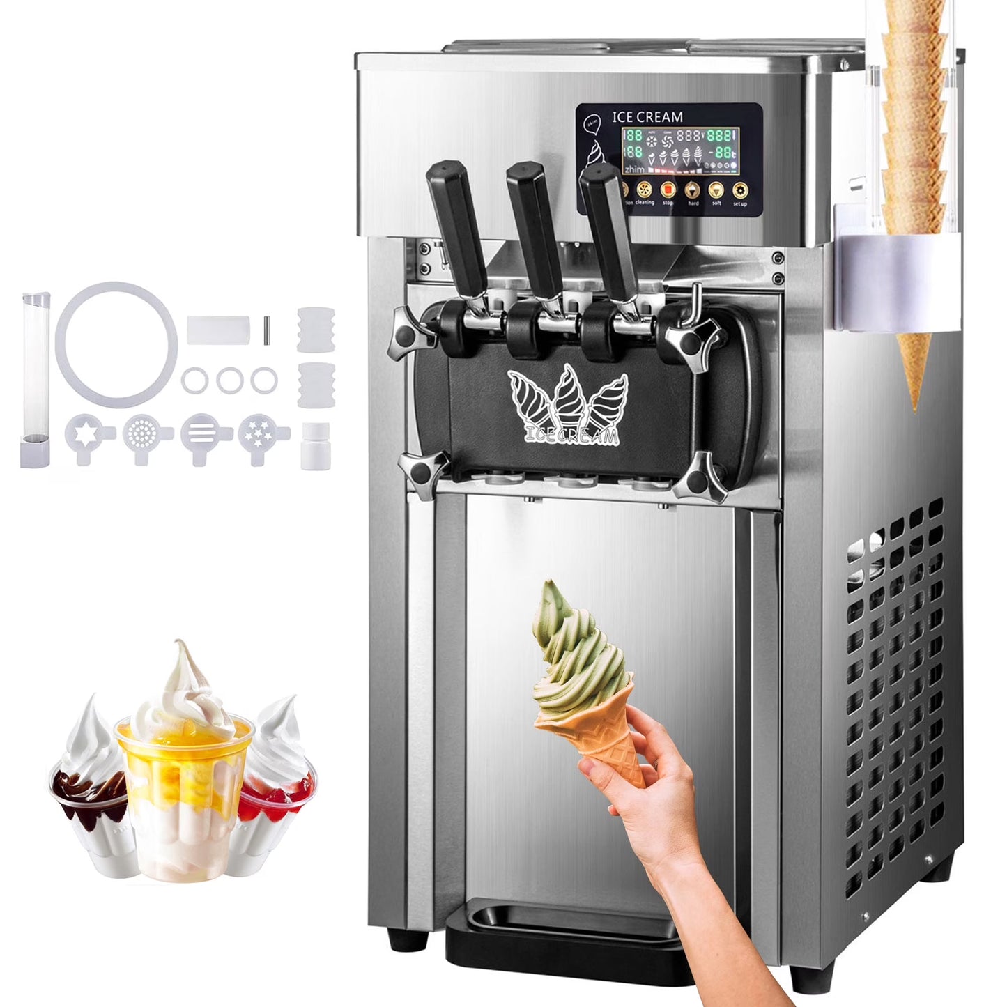 SIHAO 1200W Commercial Ice Cream Machine Countertop 18L/H Soft Serve Ice Cream Maker with LED Display