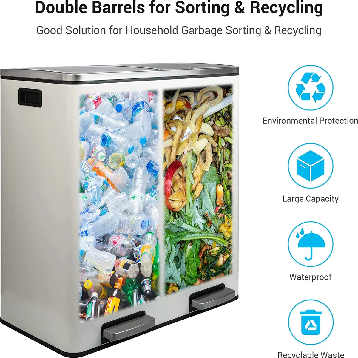 Arlopu 60 L/16 gal Dual Trash Can, Stainless Steel Garbage Can for Kitchen, Recycle Bin with Lid
