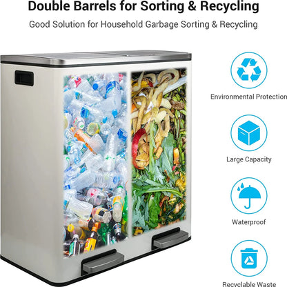Arlopu 60 L/16 gal Dual Trash Can, Stainless Steel Garbage Can for Kitchen, Recycle Bin with Lid